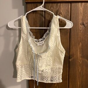 AllisonJoy Cream Lace Crop Top with Ribbon Tie